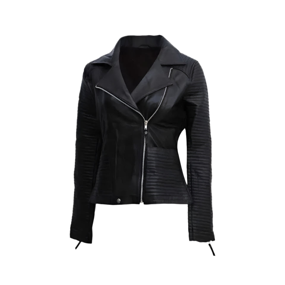 Womens Black Zipper Biker Jacket with Lip Collar - Riders Republic UK