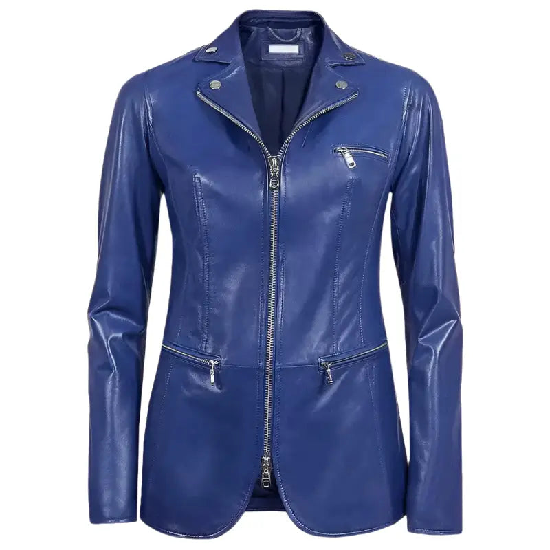 Womens Blue Leather Blazer Jacket - Riders Republic UK