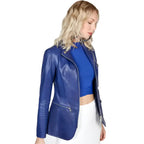 Womens Blue Leather Blazer Jacket - Riders Republic UK