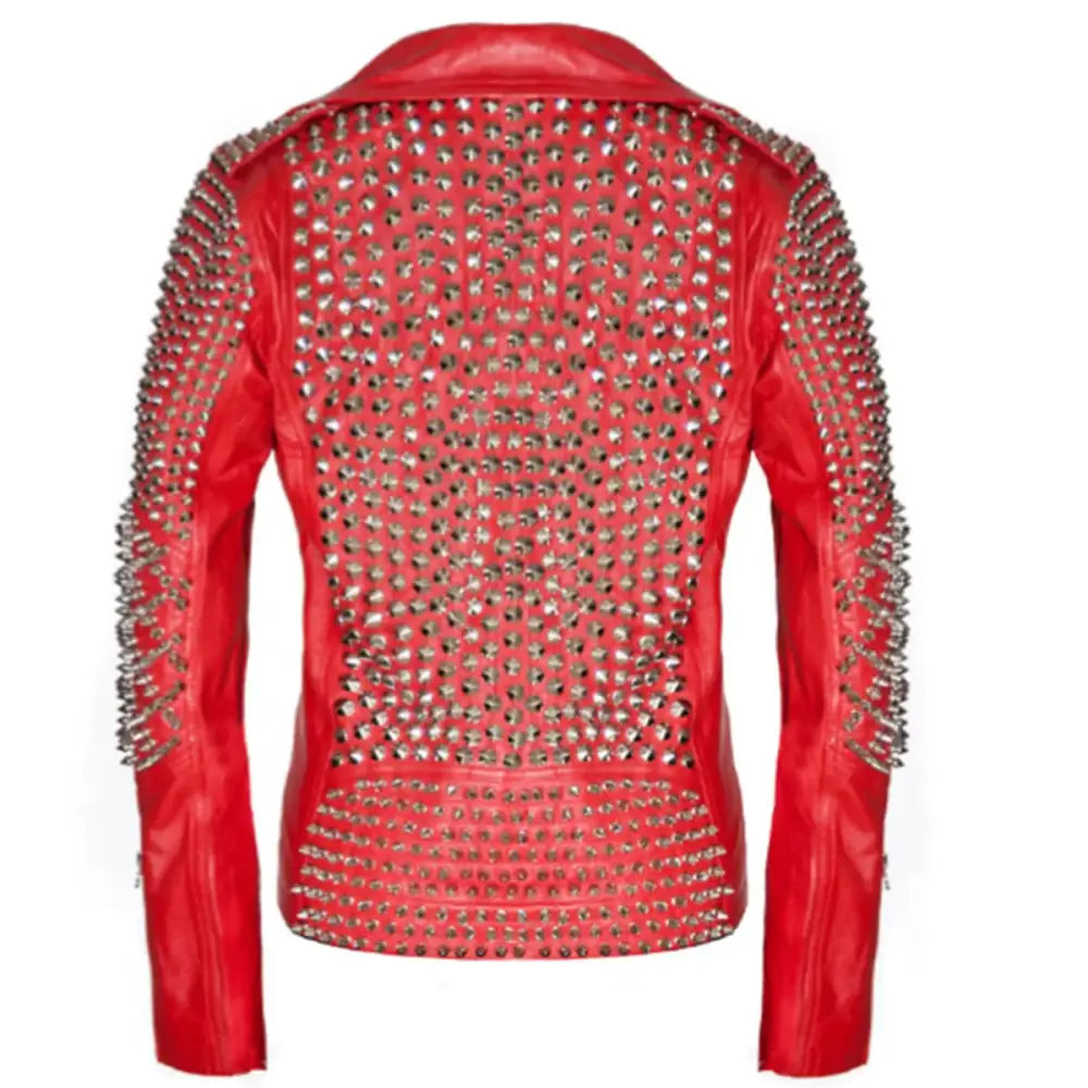 Womens Brando Red Studded Leather Biker Jacket - Riders Republic UK