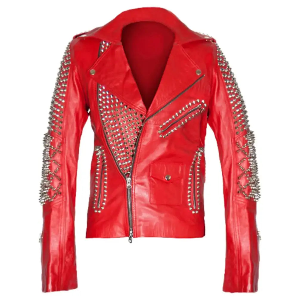 Womens Brando Red Studded Leather Biker Jacket - Riders Republic UK