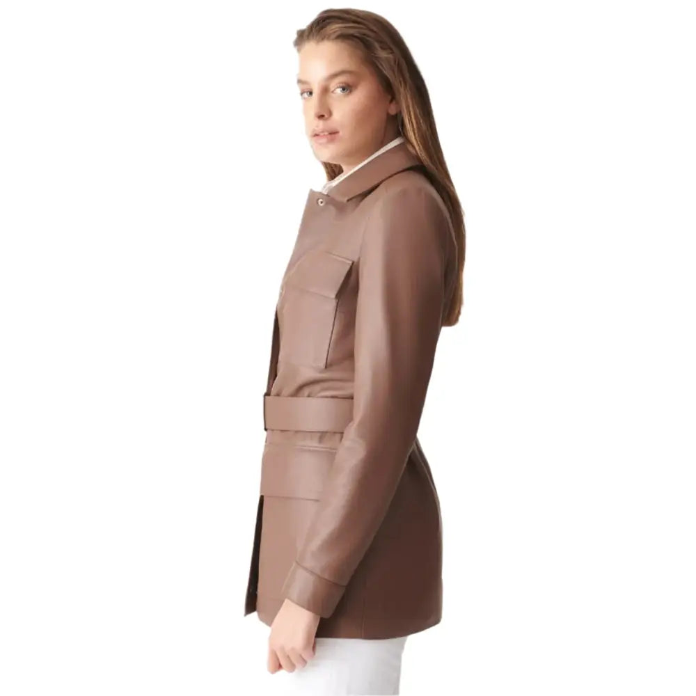 Womens Brown Belted Leather Coat - Riders Republic UK
