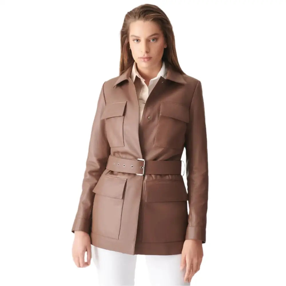 Womens Brown Belted Leather Coat - Riders Republic UK