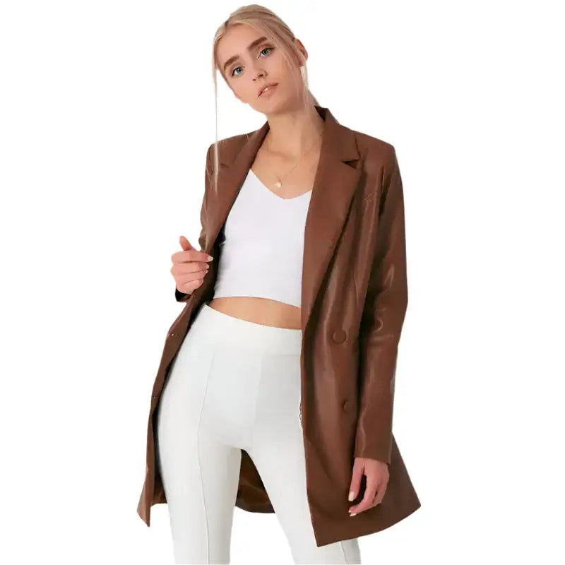 Brown Lambskin Leather Long Coat for Women - Riders Republic UK