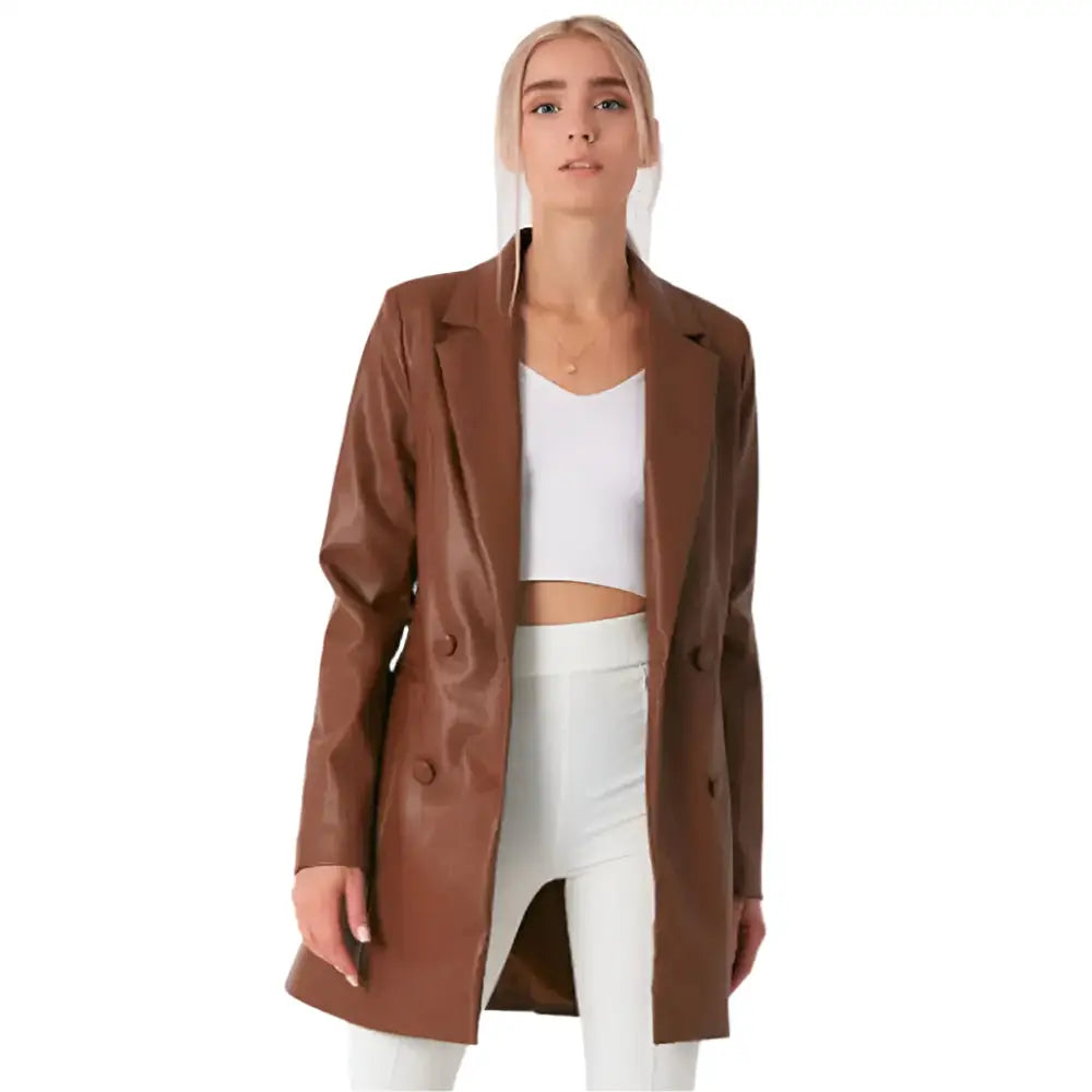 Brown Lambskin Leather Long Coat for Women - Riders Republic UK