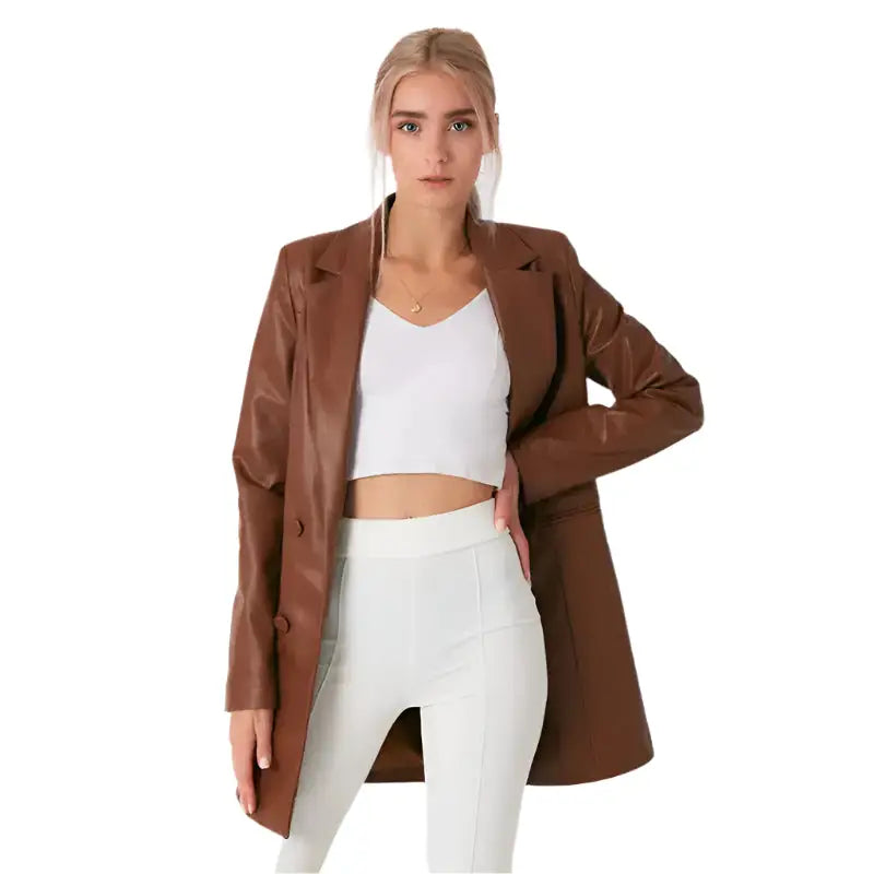 Brown Lambskin Leather Long Coat for Women - Riders Republic UK