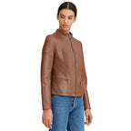 Brown Leather Biker Jacket for Women - Riders Republic UK