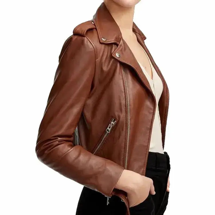 Brown Sheepskin Leather Biker Jacket - Riders Republic UK