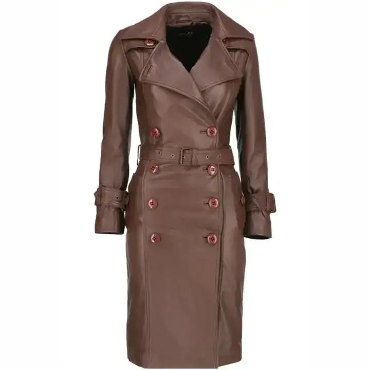 Womens Brown Leather Long Coat - Riders Republic UK