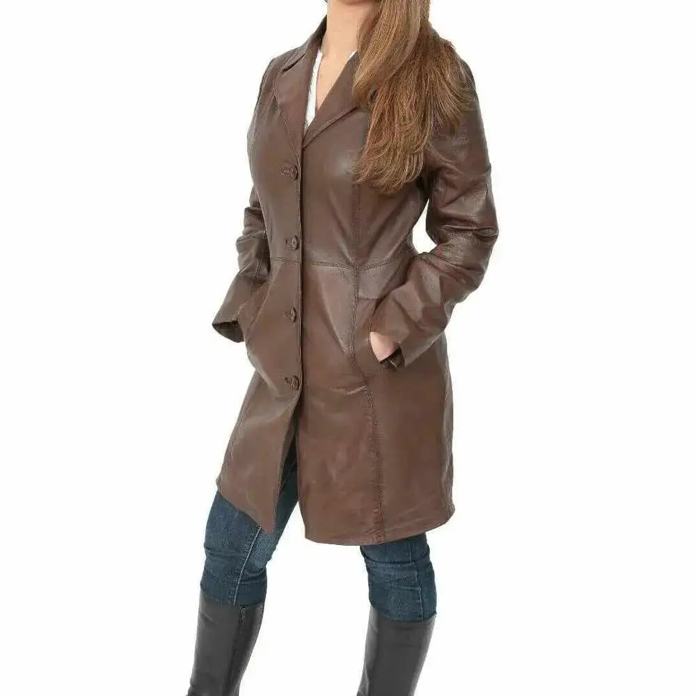 Womens Brown Leather Trench Coat - Riders Republic UK