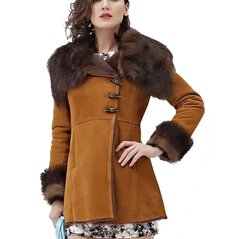 Womens Brown Merino Shearling Coat - Riders Republic UK