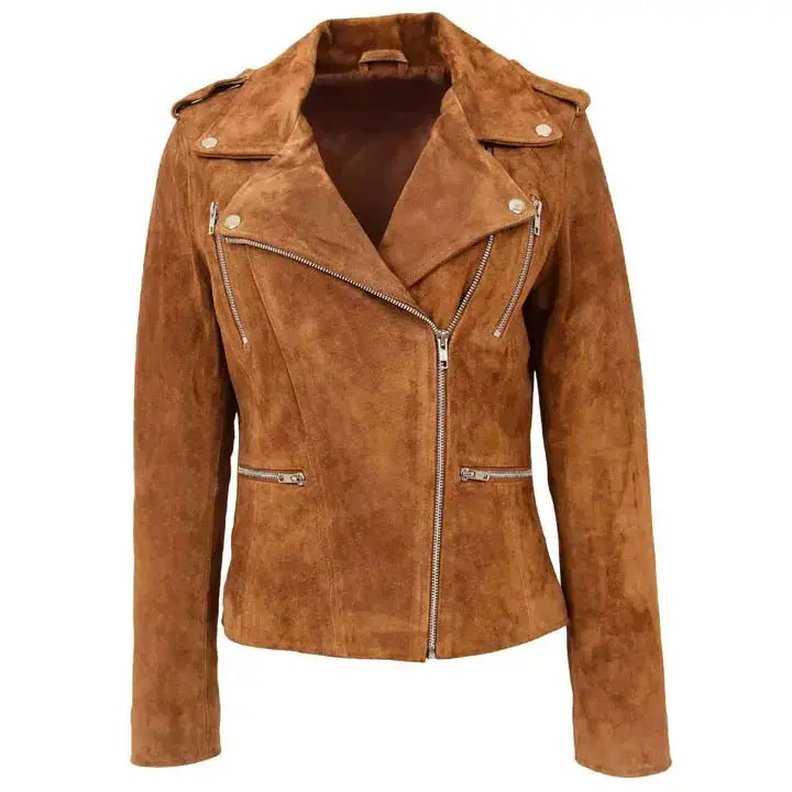 Brown Suede Leather Biker Jacket for Women - Riders Republic UK
