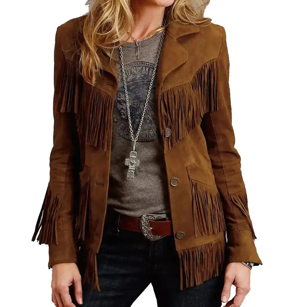 Brown Suede Fringe Leather Jacket Womens - Riders Republic UK