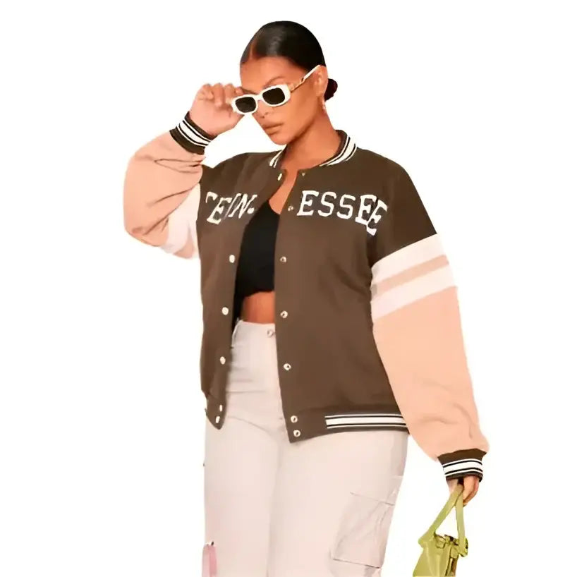 Womens Brown Leather Varsity Bomber Jacket - Riders Republic UK