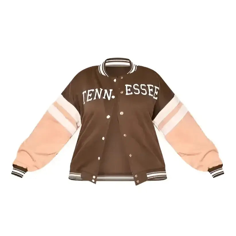 Womens Brown Leather Varsity Bomber Jacket - Riders Republic UK