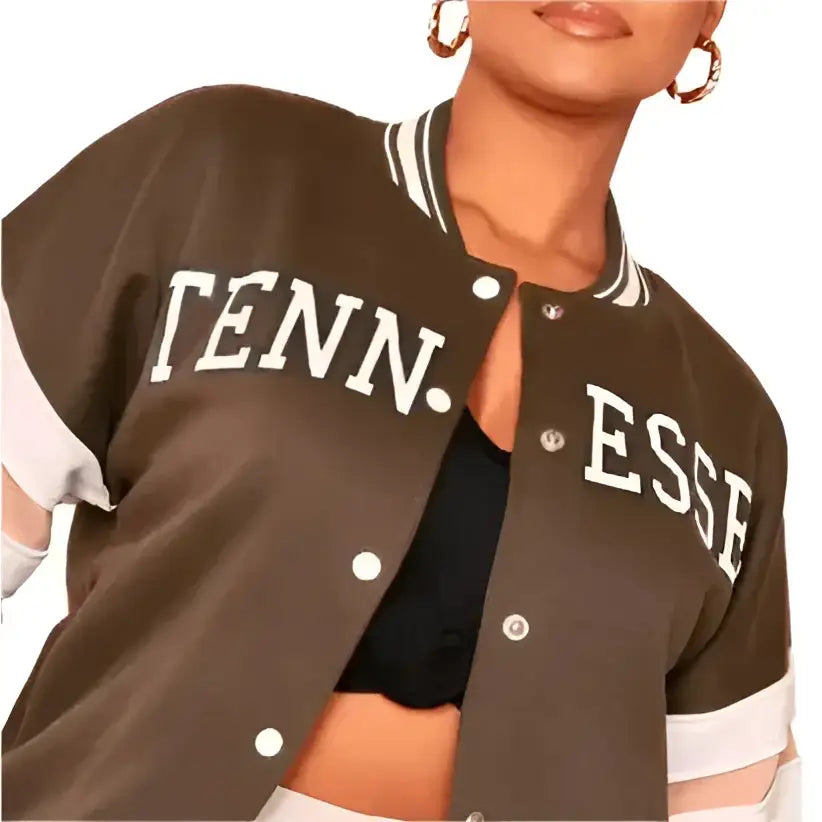 Womens Brown Leather Varsity Bomber Jacket - Riders Republic UK