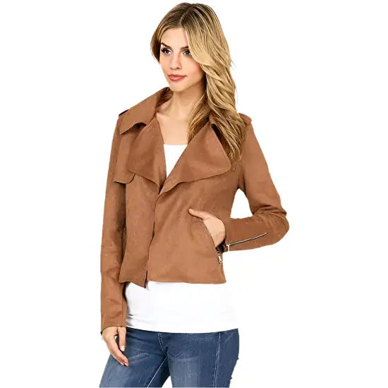 Camel Suede Leather Moto Jacket for Women - Riders Republic UK