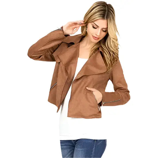 Camel Suede Leather Moto Jacket for Women - Riders Republic UK
