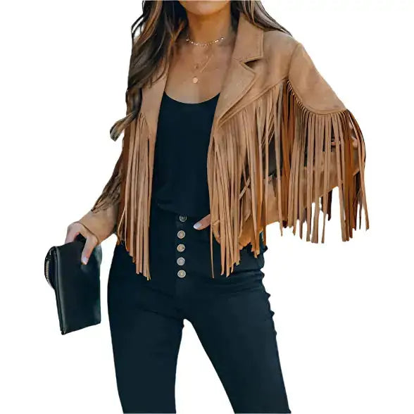 Camel Suede Tassel Fringe Moto Jacket - Riders Republic UK
