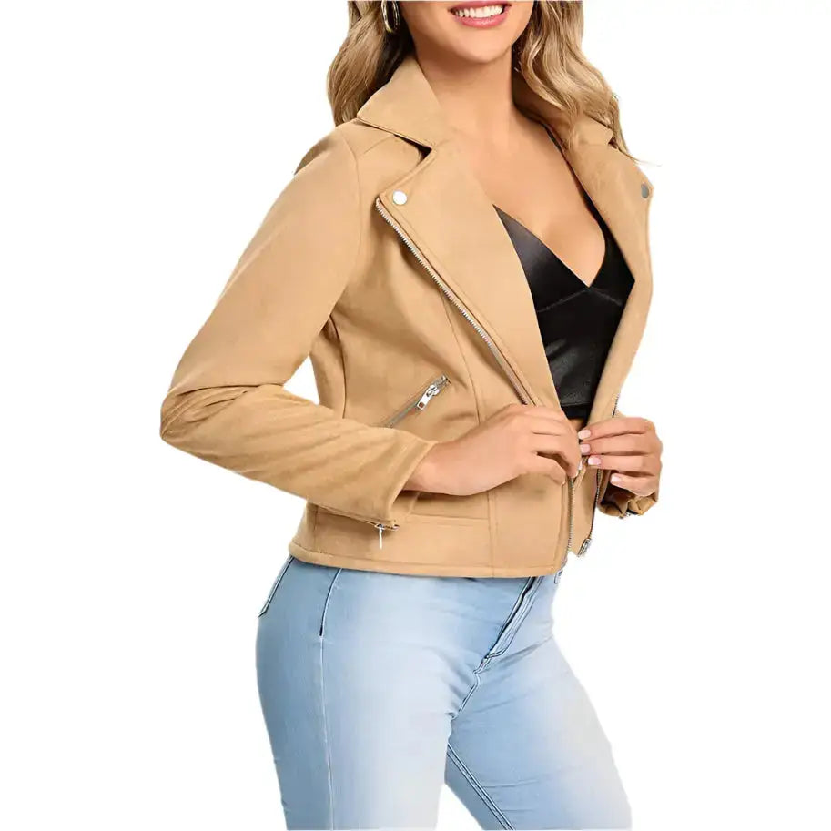 Womens Camel Suede Biker Jacket - Riders Republic UK