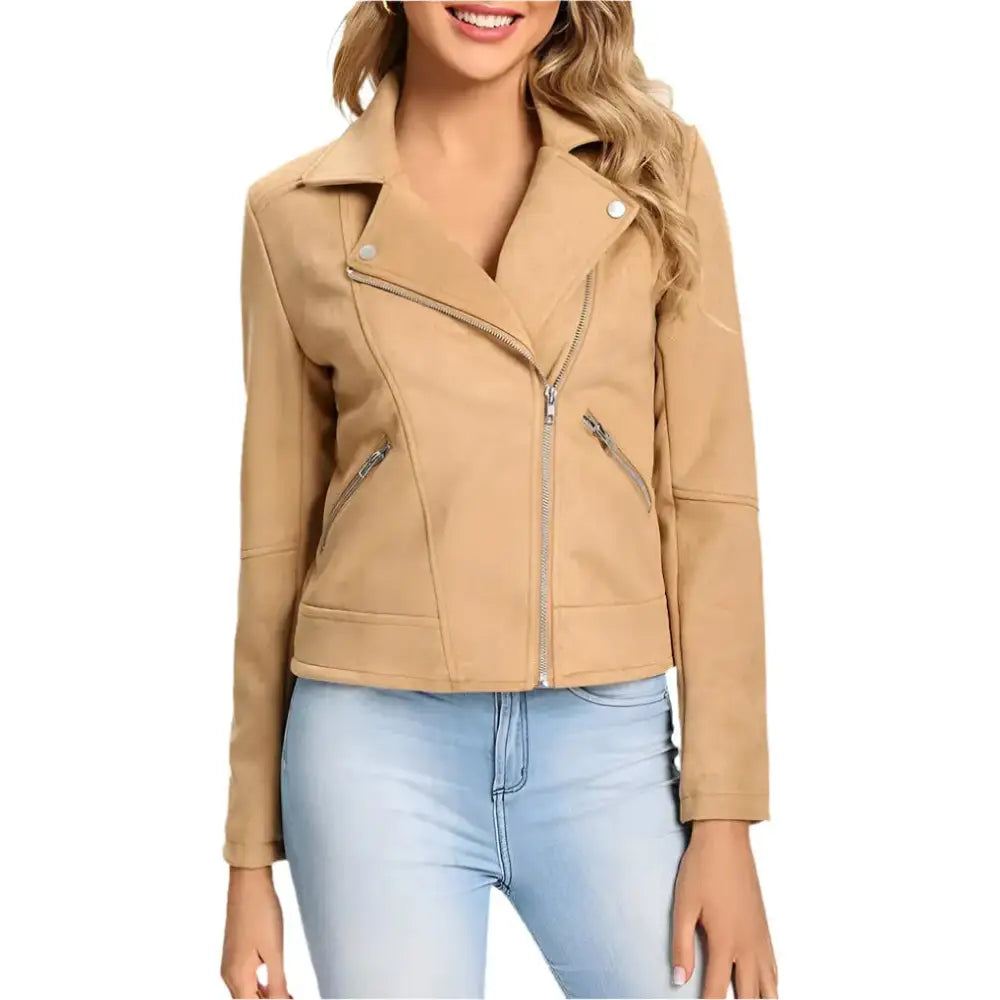 Womens Camel Suede Biker Jacket - Riders Republic UK