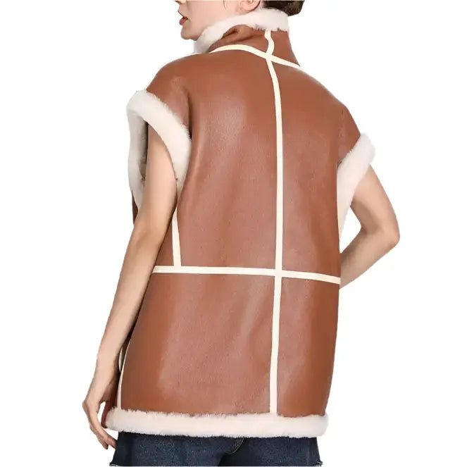 Camel and White Stripe Shearling Pilot Vest - Riders Republic UK