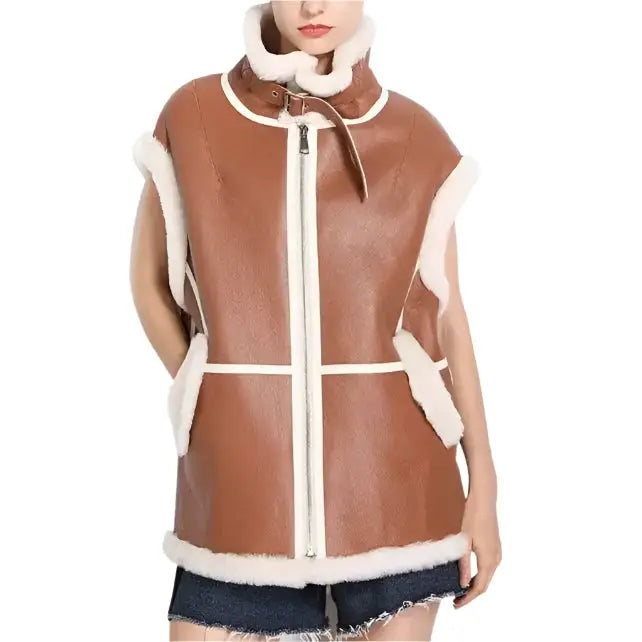 Camel and White Stripe Shearling Pilot Vest - Riders Republic UK