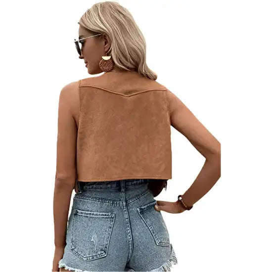 Coffee Brown Suede Fringe Crop Vest - Riders Republic UK