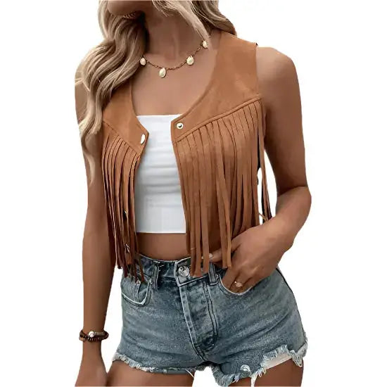 Coffee Brown Suede Fringe Crop Vest - Riders Republic UK