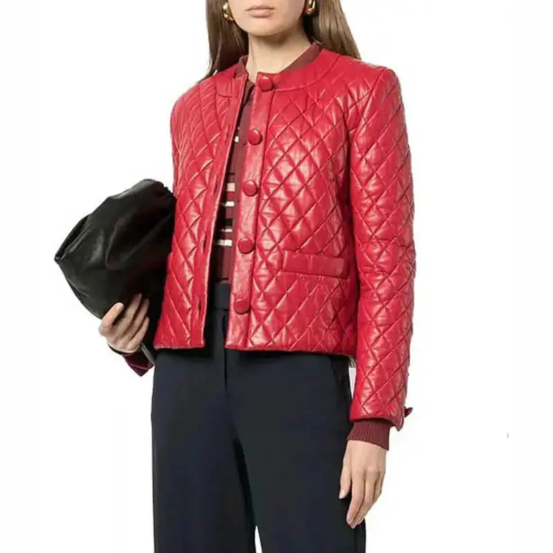 Womens Quilted Red Leather Jacket - Riders Republic UK