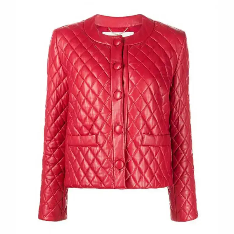 Womens Quilted Red Leather Jacket - Riders Republic UK