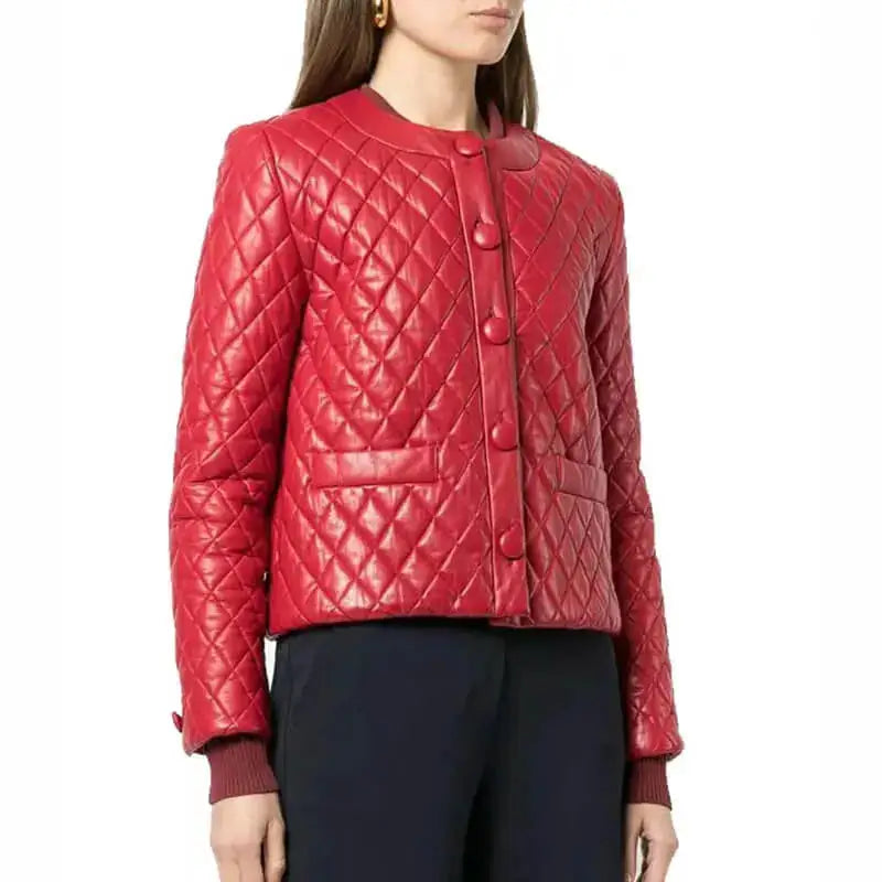 Womens Quilted Red Leather Jacket - Riders Republic UK