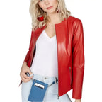 Womens Red Leather Collarless Blazer Jacket - Riders Republic UK