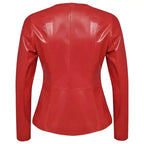Womens Red Leather Collarless Blazer Jacket - Riders Republic UK