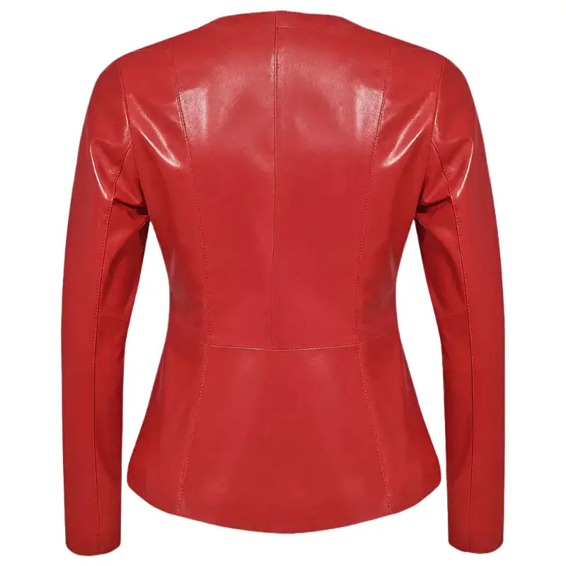 Womens Red Leather Collarless Blazer Jacket - Riders Republic UK