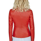 Womens Red Leather Collarless Blazer Jacket - Riders Republic UK