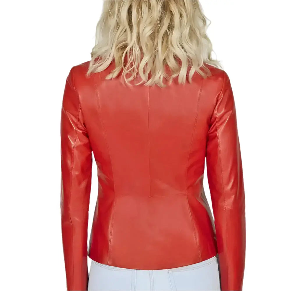 Womens Red Leather Collarless Blazer Jacket - Riders Republic UK