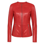 Womens Red Leather Collarless Blazer Jacket - Riders Republic UK