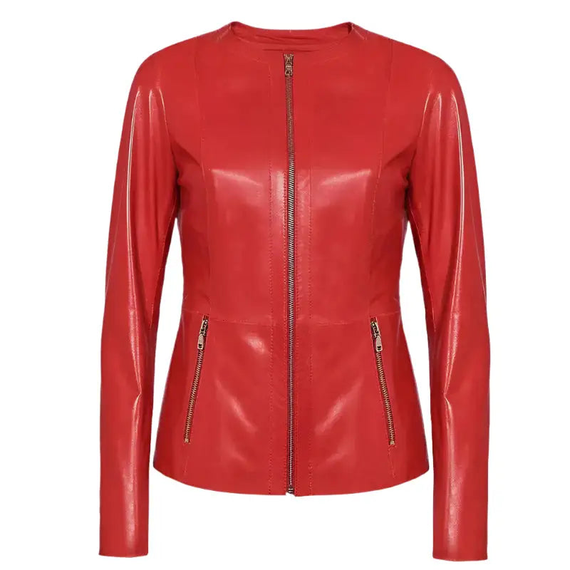 Womens Red Leather Collarless Blazer Jacket - Riders Republic UK