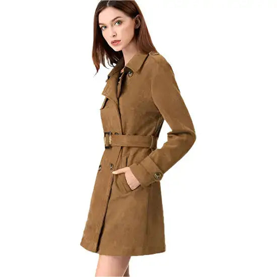 Suede trench coat for women with double breasted front