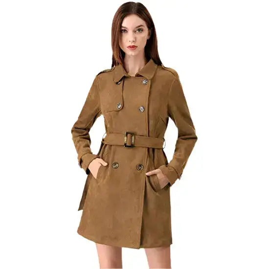 Women’s long suede coat styled with boots and knitwear