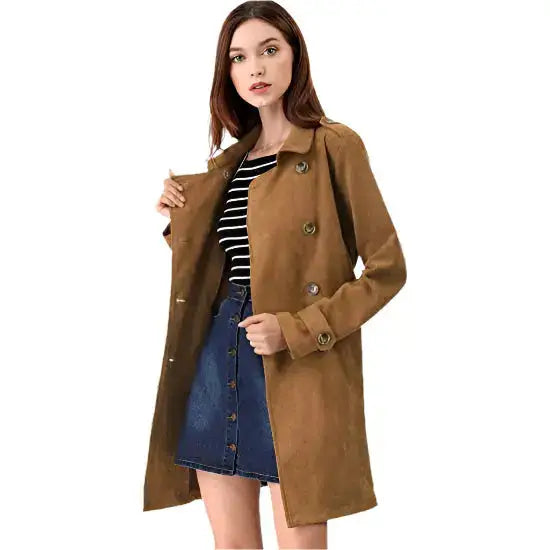 Double breasted suede leather coat for women with classic trench shape