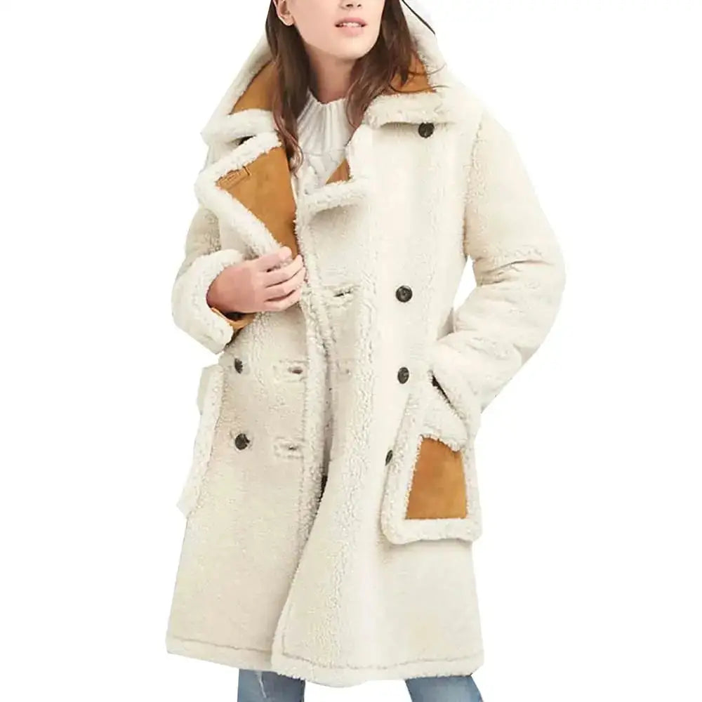 White Shearling Double Breasted Coat Womens - Riders Republic UK
