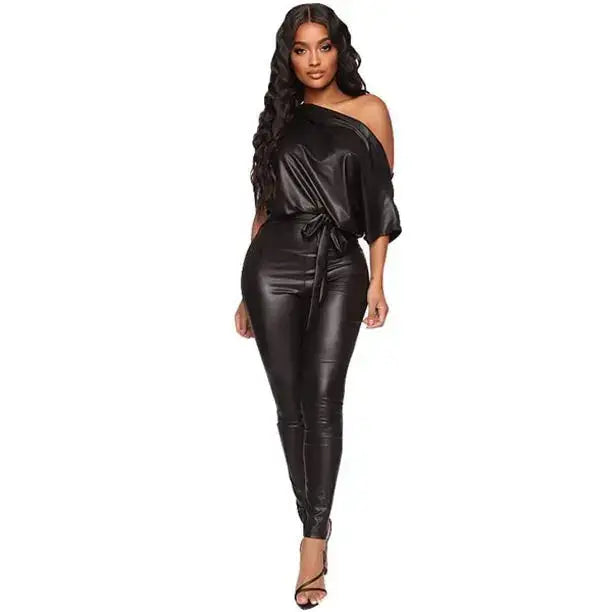 Women’s Fashion Off-Shoulder Leather Bodysuit Jumpsuit - Riders Republic UK