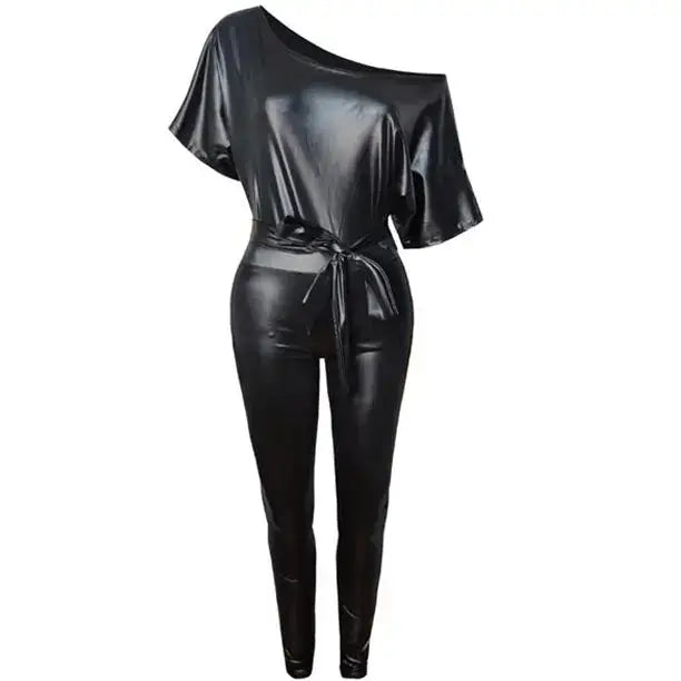 Women’s Fashion Off-Shoulder Leather Bodysuit Jumpsuit - Riders Republic UK