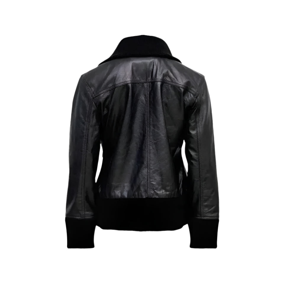 Womens Black Leather Four Pocket Bomber Jacket - Riders Republic UK