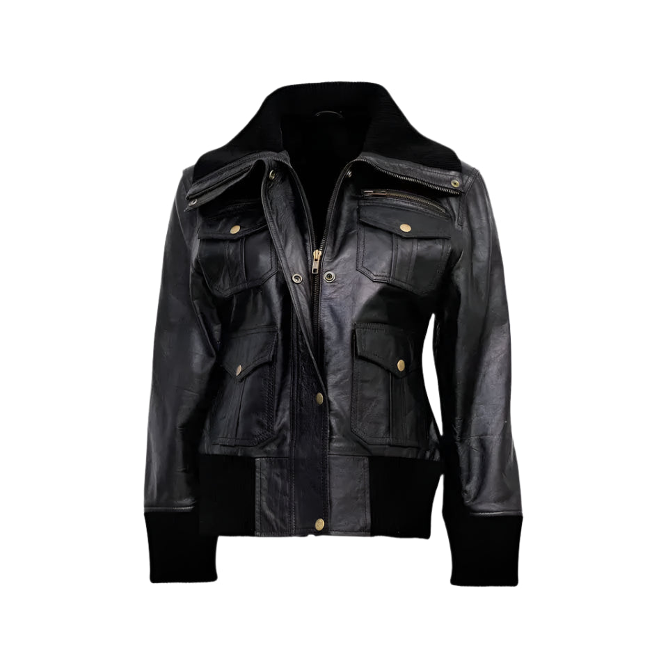 Womens Black Leather Four Pocket Bomber Jacket - Riders Republic UK