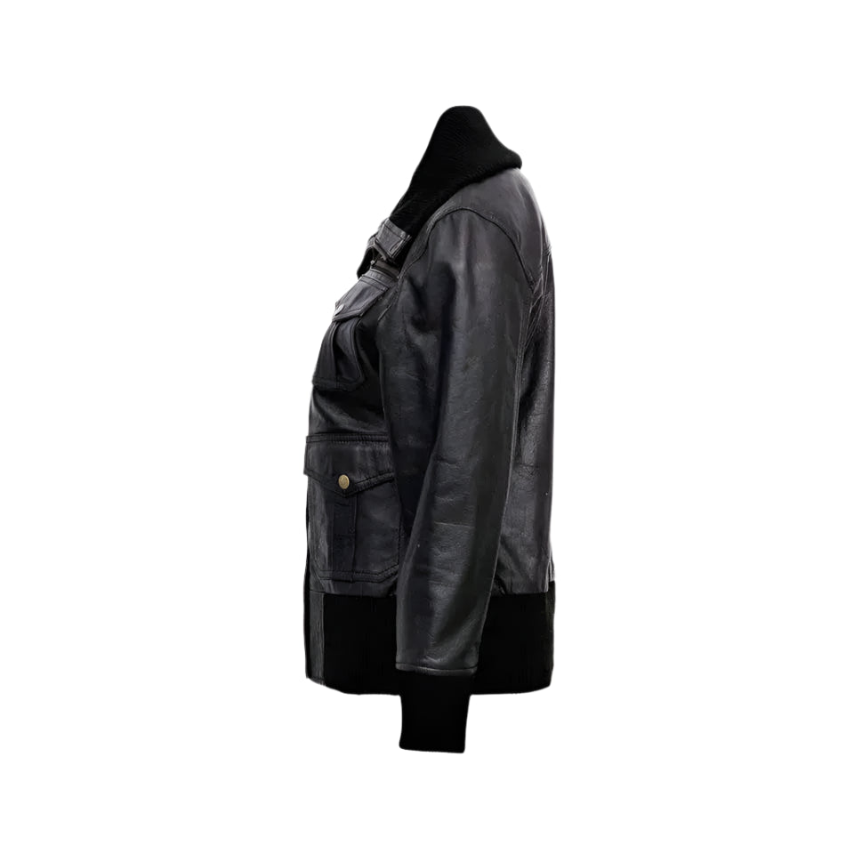 Womens Black Leather Four Pocket Bomber Jacket - Riders Republic UK