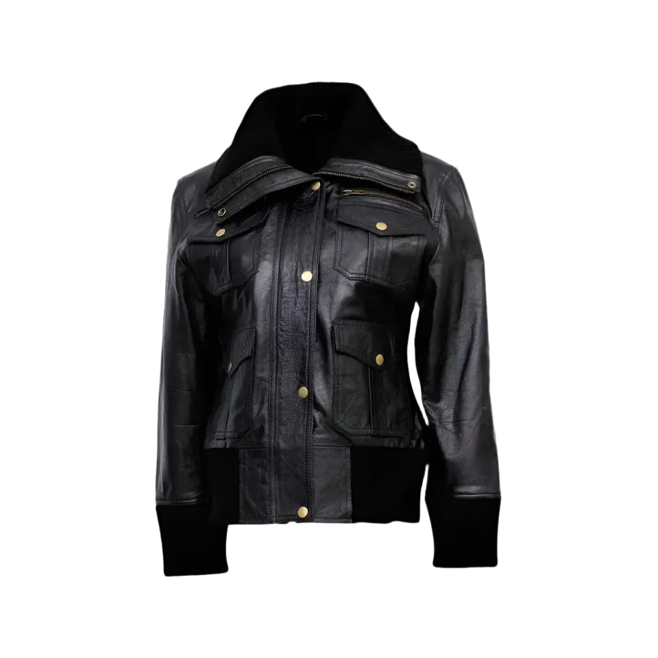 Womens Black Leather Four Pocket Bomber Jacket - Riders Republic UK