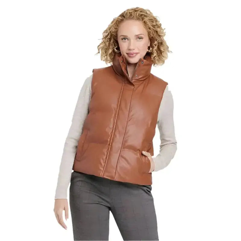 Womens Tan Brown Leather Puffer Vest - Riders Republic UK